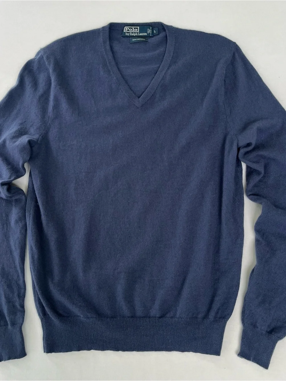POLO Ralph Lauren Vintage Men Navy V-Neck 100% Cashmere Sweater Old Money Luxury